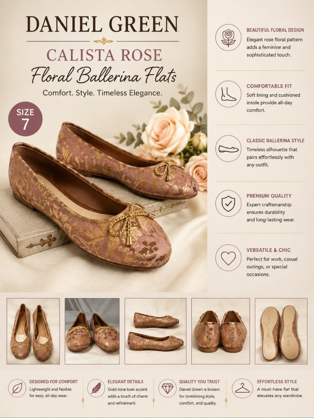 DANIEL GREEN Calista Rose Floral Ballerina Flats 7